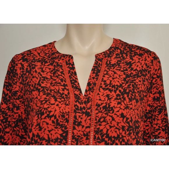Michael Kors Split Neck Blouse Shirt Top Tunic Coral Reef Red/Black S Nwt $99 - Picture 3 of 10